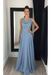 Dusty Blue Chiffon A-Line Prom Dress Scoop Neck with Lace Appliques