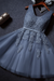 Dusty Blue Cute V Neck Sleeveless Appliques Tulle Homecoming Gown A Line Short Prom Dress