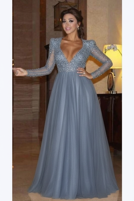 Dusty Blue Elegant Long Sleeve Formal Dress with Beads A Line Sparkle V Neck Evening Dresses - Prom Dresses