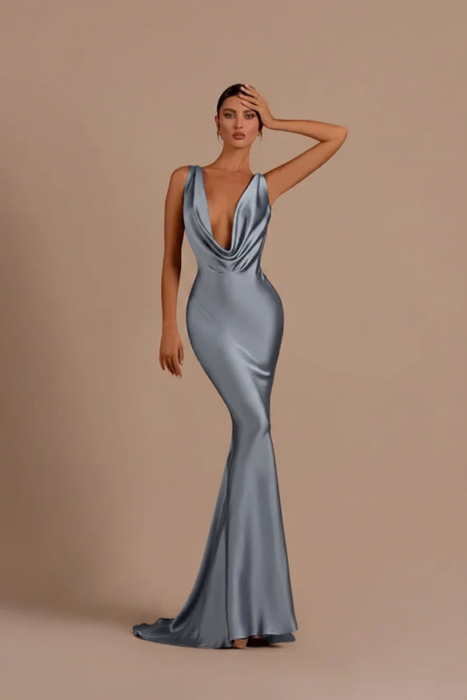 Dusty Blue Elegant Champagne Mermaid Prom Dress Long Slimming