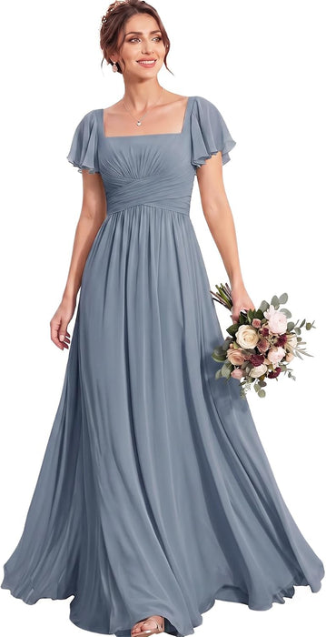 Bridelily Women's Flutter Sleeves Bridesmaid Dresses Square Neck Chiffon Maxi Dres - Dusty Blue