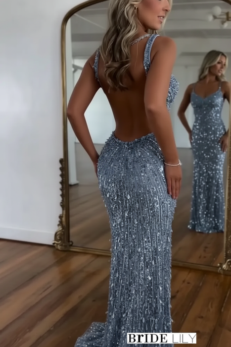 Dusty Blue Glitter Sequins Sleeveless V Neck Prom Dress Long with Split
