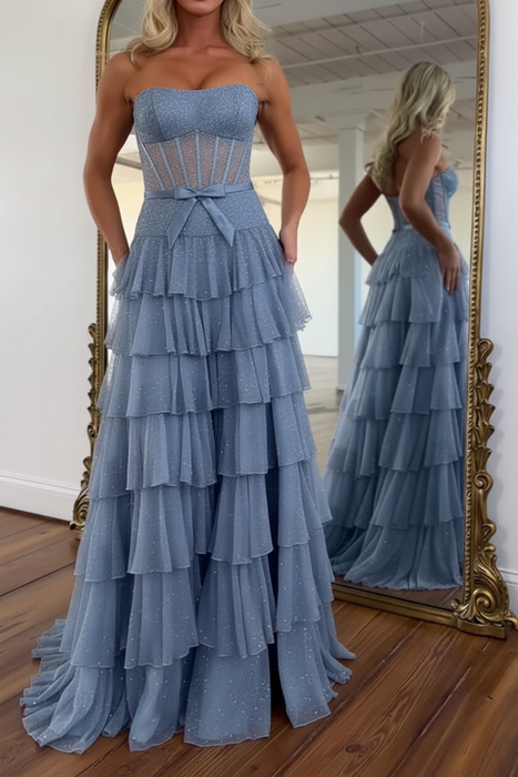 Dusty Blue Glitter Strapless Tiered Ruffle Corset Prom Dress Long with Slit