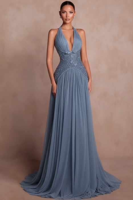 Dusty Blue Halter Aline Evening Dress Glitter Chiffon Prom Dress with Sequins