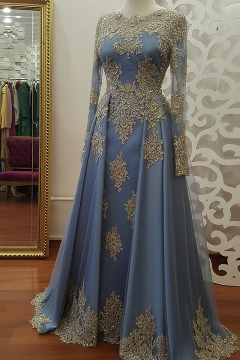 Dusty Blue A-Line/Princess Long Sleeves Scoop Floor-Length Applique Tulle Muslim Dresses - Prom Dresses