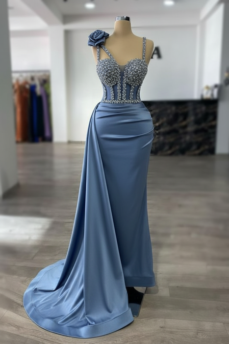 Dusty Blue Luxury Glitter Rinstones Mermaid Prom Dresses Sleeveless with Sweep Train - Prom Dresses