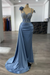 Dusty Blue Luxury Glitter Rinstones Mermaid Prom Dresses Sleeveless with Sweep Train - Prom Dresses