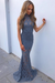 Dusty Blue Mermaid High Neck Sweep Train Sleeveless Lace Prom Sexy Evening Dress - Prom Dresses