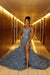 Luxury Dusty Blue Mermaid Prom Dress Beadings V-neck Sleeveless Evening Dress with Slit