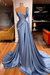 Dusty Blue One Shoulder Mermaid Prom Dress Beaded with Split