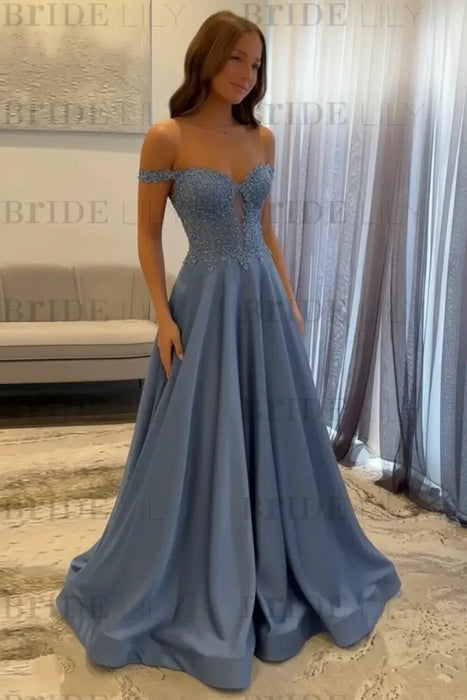 Dusty Blue Off-the-Shoulder A-line Evening Dress Lace Prom Dress Long