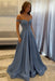 Dusty Blue Off-the-Shoulder A-line Evening Dress Lace Prom Dress Long