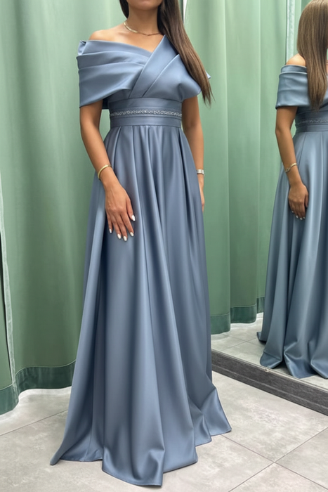 Dusty Blue Elegant Off-the-Shoulder Long Evening Dress Pleated