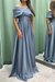 Dusty Blue Elegant Off-the-Shoulder Long Evening Dress Pleated