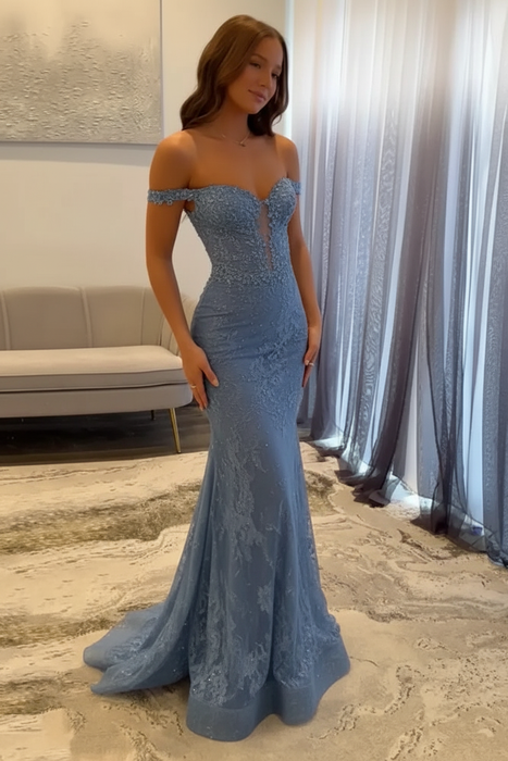 Dusty Blue Off-the-Shoulder Mermaid Prom Dress 
