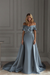 Dusty Blue Off-The-Shoulder Mermaid Prom Dress with Ruffles