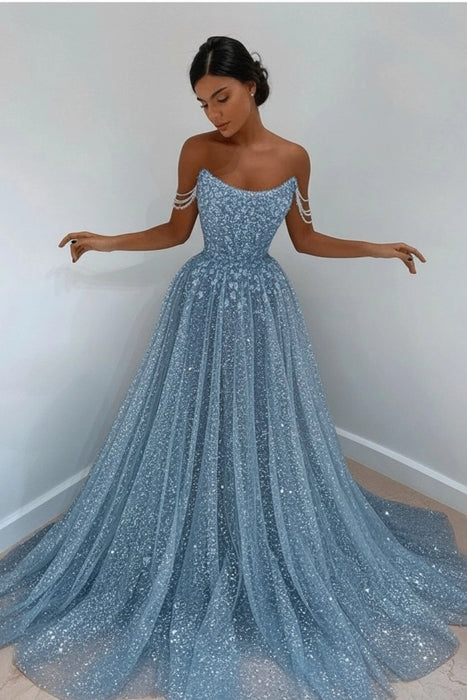 Dusty Blue Off-the-Shoulder Prom Dress Long with Sequins - Prom Dresses