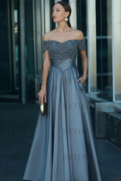 Dusty Blue Off-the-Shoulder Satin Aline Formal Dress with Beadings