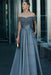Dusty Blue Off-the-Shoulder Satin Aline Formal Dress with Beadings