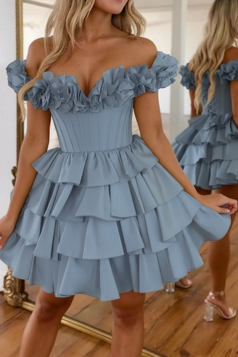 Dusty Blue Off-the-Shoulder Satin Corset Graduation Dress Short Cocktail Dress