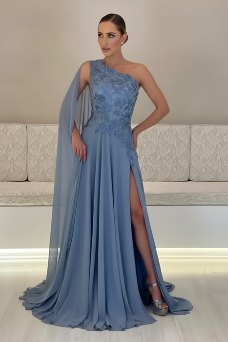 Dusty Blue One-Shoulder Sleeveless Chiffon Evening Dresses Long with Side Slit - Prom Dresses