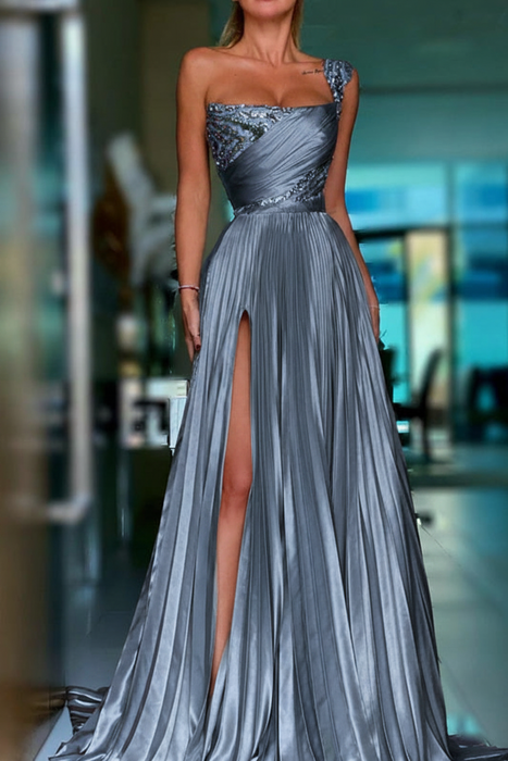 Dusty Blue Pleated A-Line One Shoulder Prom Dress Gown with Front Split - Prom Dresses