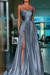 Dusty Blue Pleated A-Line One Shoulder Prom Dress Gown with Front Split - Prom Dresses