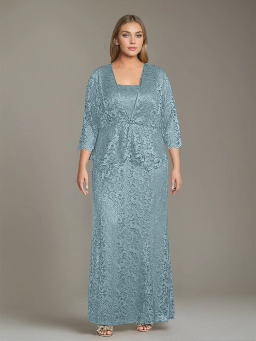 Plus Size 2-Piece Mother of the Bride Dress Set with Square Neck and Floor-Length Sheath