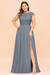 Dusty Blue Plus Size Bridesmaid Dress Lace with Split Cap Sleeves Chiffon Wedding Guest Dress