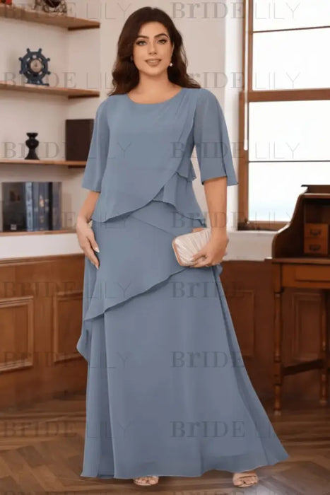 Dusty Blue Plus Size Ruffles Chiffon Mother of the Bride Dress Scoop Neck with Half Sleeves