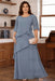 Dusty Blue Plus Size Ruffles Chiffon Mother of the Bride Dress Scoop Neck with Half Sleeves