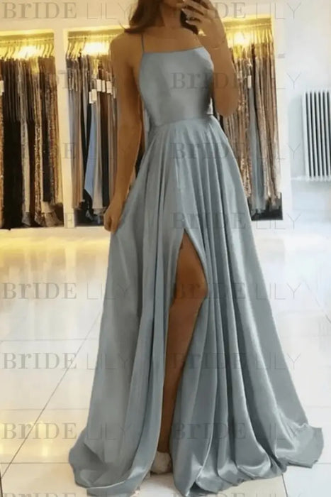 Dusty Blue Simple Prom Dress Long With Spaghetti Straps Front Slit Satin Evening Dress