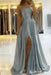 Dusty Blue Simple Prom Dress Long With Spaghetti Straps Front Slit Satin Evening Dress