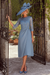 Dusty Blue Floral Round Neck Satin Midi Mother Of The Bride Dress with Sleeves