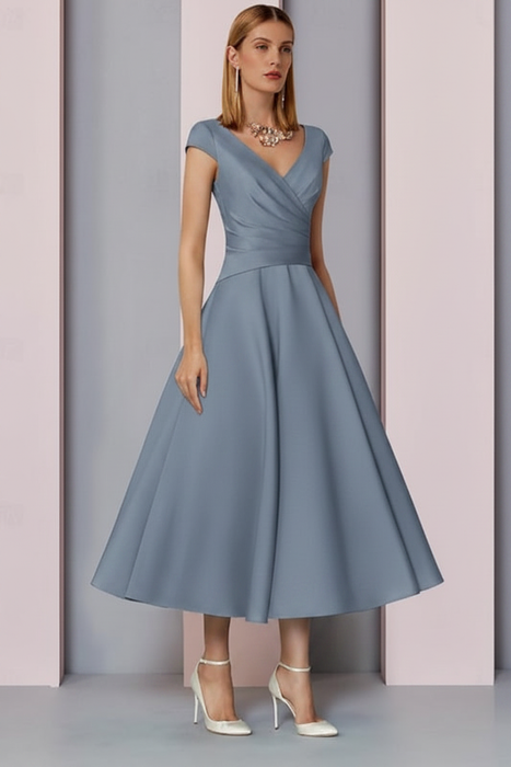 Dusty Blue Satin A-Line Mother of the Bride Dress V Neck Tea Length Wedding Guest Dress - Prom Dresses