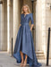Dusty blue satin high low dress on model outdoors