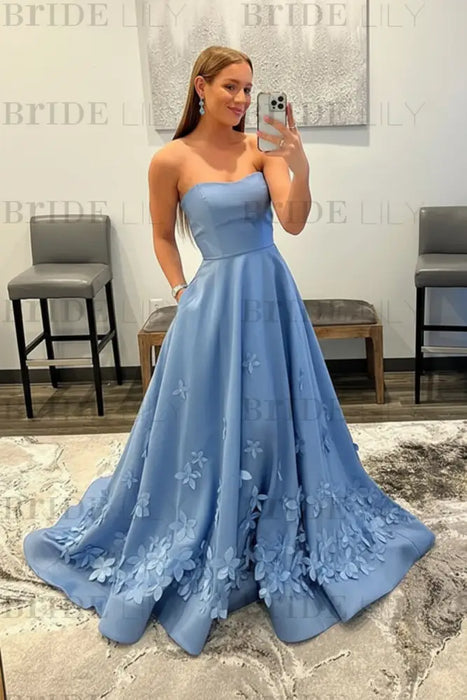 Dusty Blue Strapless Satin Long Prom Dresses with 3D Flowers