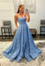 Dusty Blue Strapless Satin Long Prom Dresses with 3D Flowers
