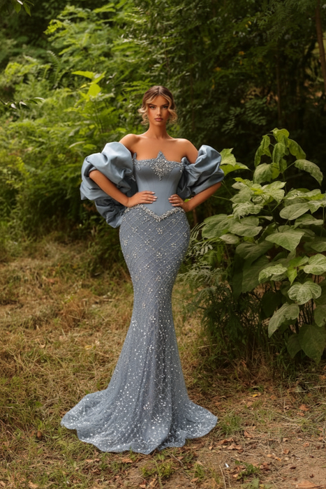 Dusty Blue Satin Mermaid Evening Gown Beadings Floor Length Party Dress with puffy Sleeves