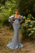 Dusty Blue Satin Mermaid Evening Gown Beadings Floor Length Party Dress with puffy Sleeves