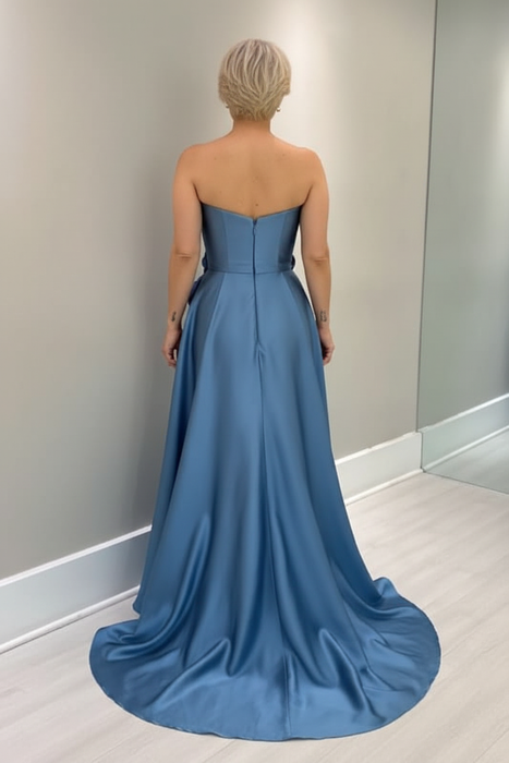 Dusty Blue Satin Mother of the Bride Dress Strapless with Flowers - Prom Dresses