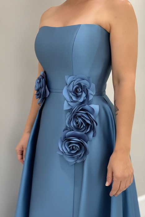 Dusty Blue Satin Mother of the Bride Dress Strapless with Flowers - Prom Dresses