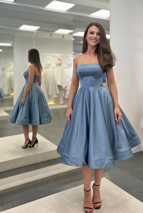 Dusty Blue Satin Strapless Prom Dress