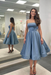 Dusty Blue Satin Strapless Prom Dress
