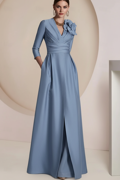 Dusty Blue Satin V-Neck Mother of the Bride Dress with 3/4 Sleeves with Split Front