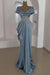 Dusty Blue Scoop Neck Ruffles Satin Prom Dress Mermaid Sleeveless Evening Dress with Beads