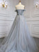 Dusty Blue Sequin Prom Dress, Long A-Line V-Neck Sleeveless, Backless