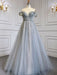 Dusty Blue Sequin Prom Dress, Long A-Line V-Neck Sleeveless, Backless