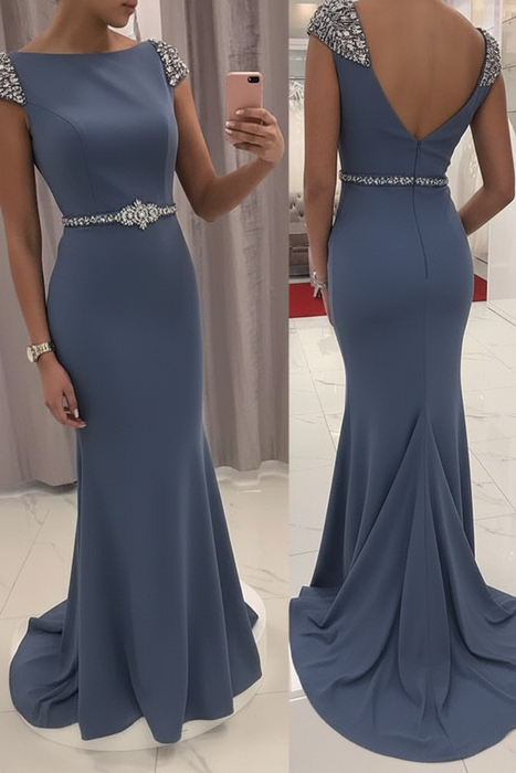 Dusty Blue Sequined Fitted Cap Sleeve Mermaid Prom Dress Formal Gown - Prom Dresses