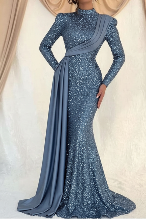 Dusty Blue Sequins Long Sleeves High Collar Mermaid Prom Dress with Ruffle